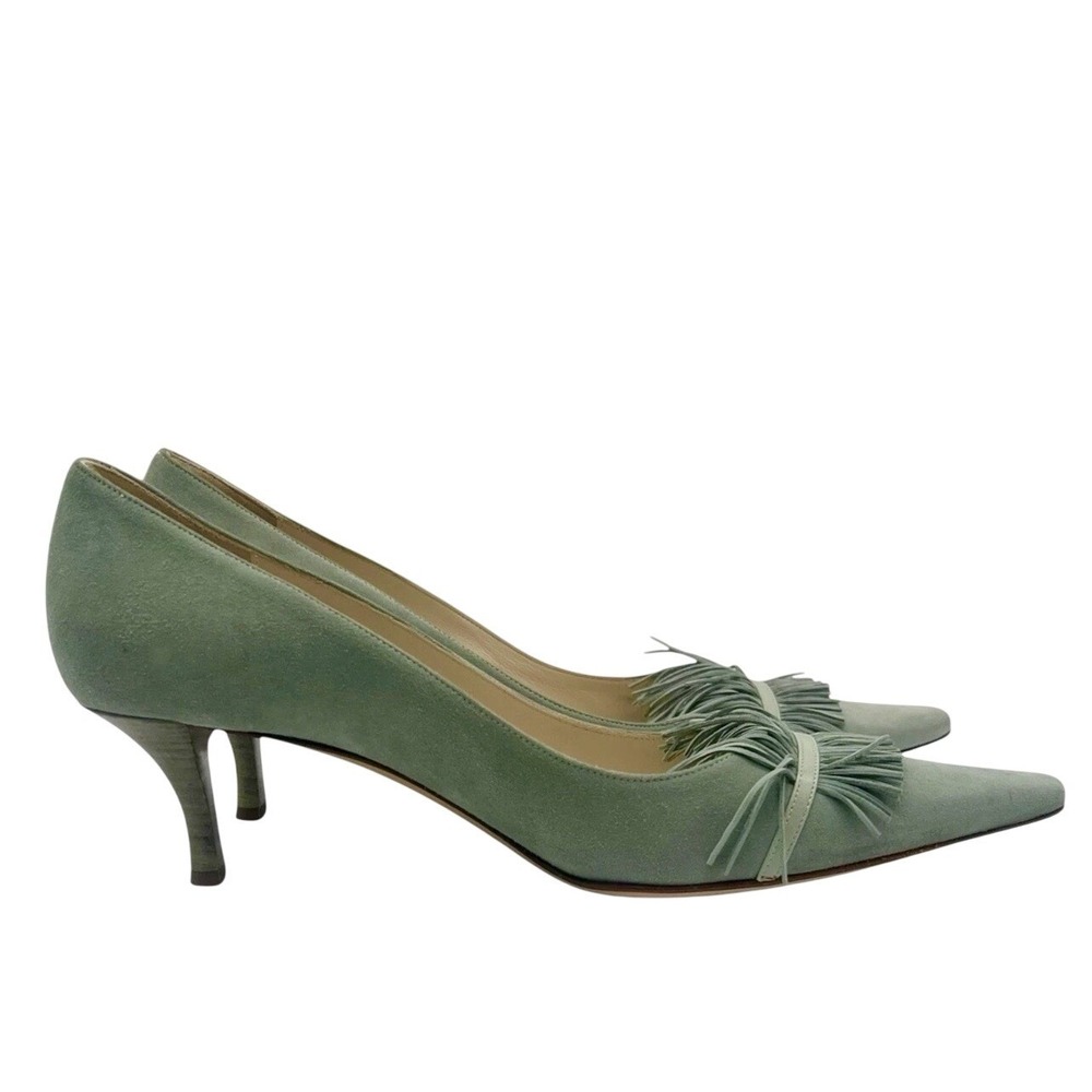 Emma Hope Sage Green Suede Fringe Tassel Pointed Toe Kitten Heels Pumps Size 38